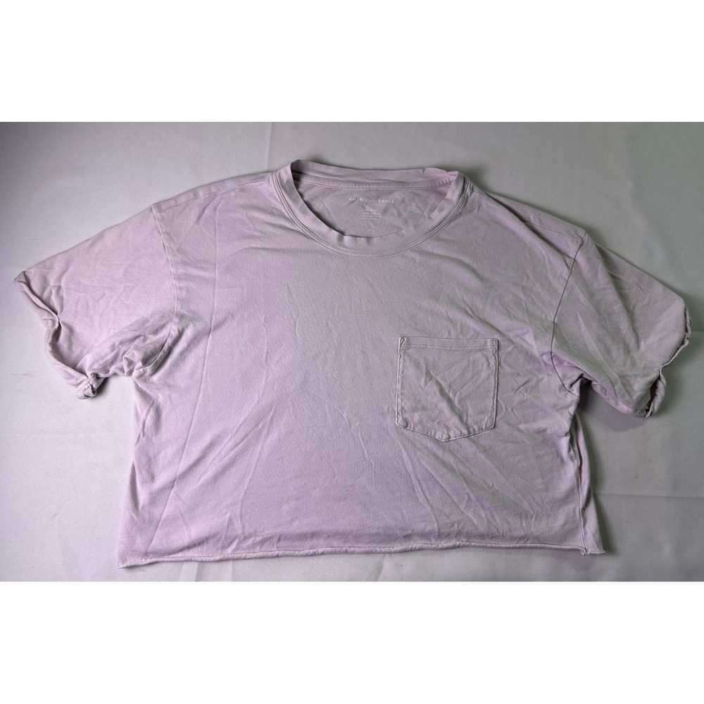 American Eagle Boxy Cropped Pocket Tee Shirt Lavender Raw Hem Women's Size M
